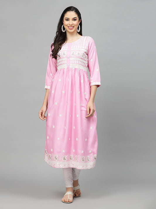 Pink Embroidered Rayon Flared kurta
