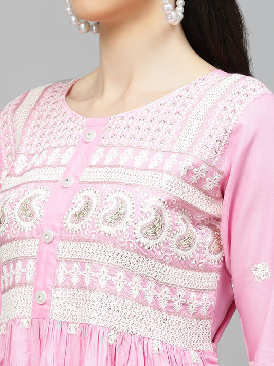 Stylum Women's Embroidered Rayon Flared kurta (PARIPINK)