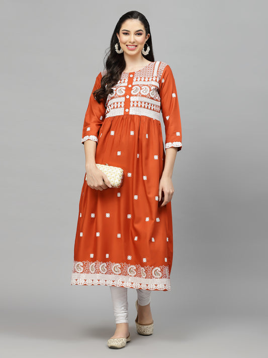 Stylum Women's Embroidered Rayon Flared kurta (PARIRUST)