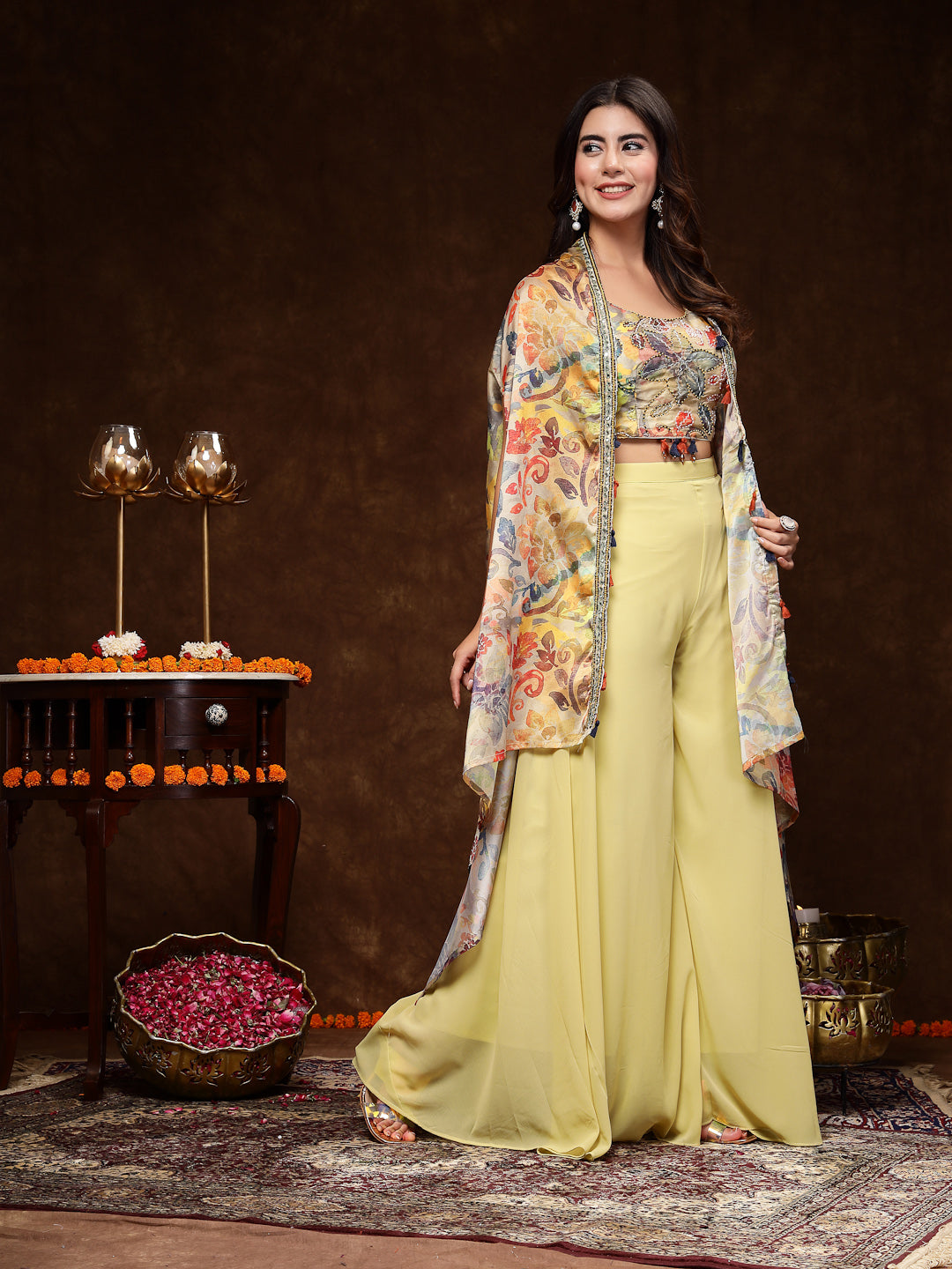 Stylum Women's Beige Printed Party Wear Georgette Palazzo & Blouse with Jacket (PCJPOTTERBEIGE)