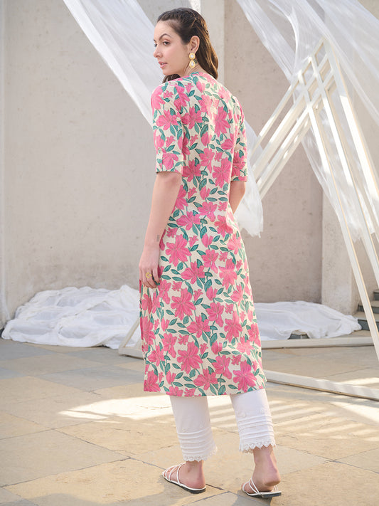 Stylum Women's Pink Floral Printed Cotton Flax A-Line Kurta (PINKJAZZY)