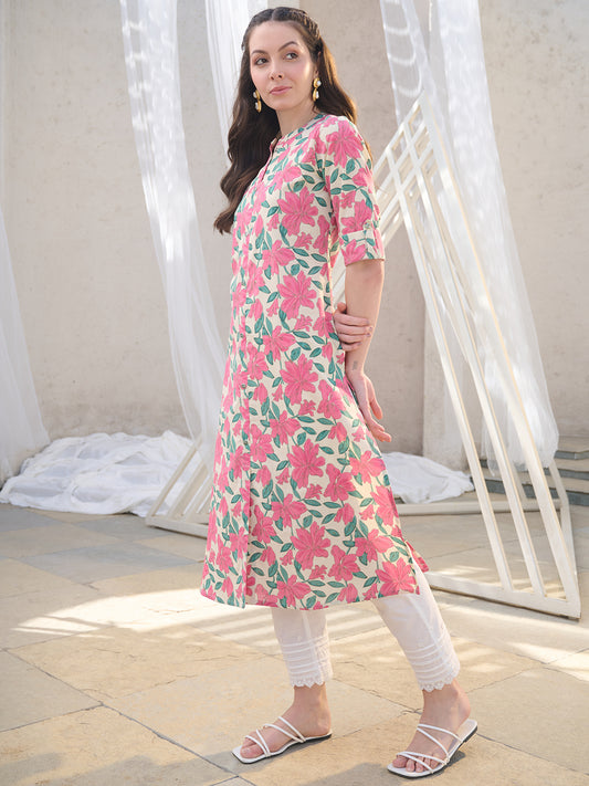 Stylum Women's Pink Floral Printed Cotton Flax A-Line Kurta (PINKJAZZY)