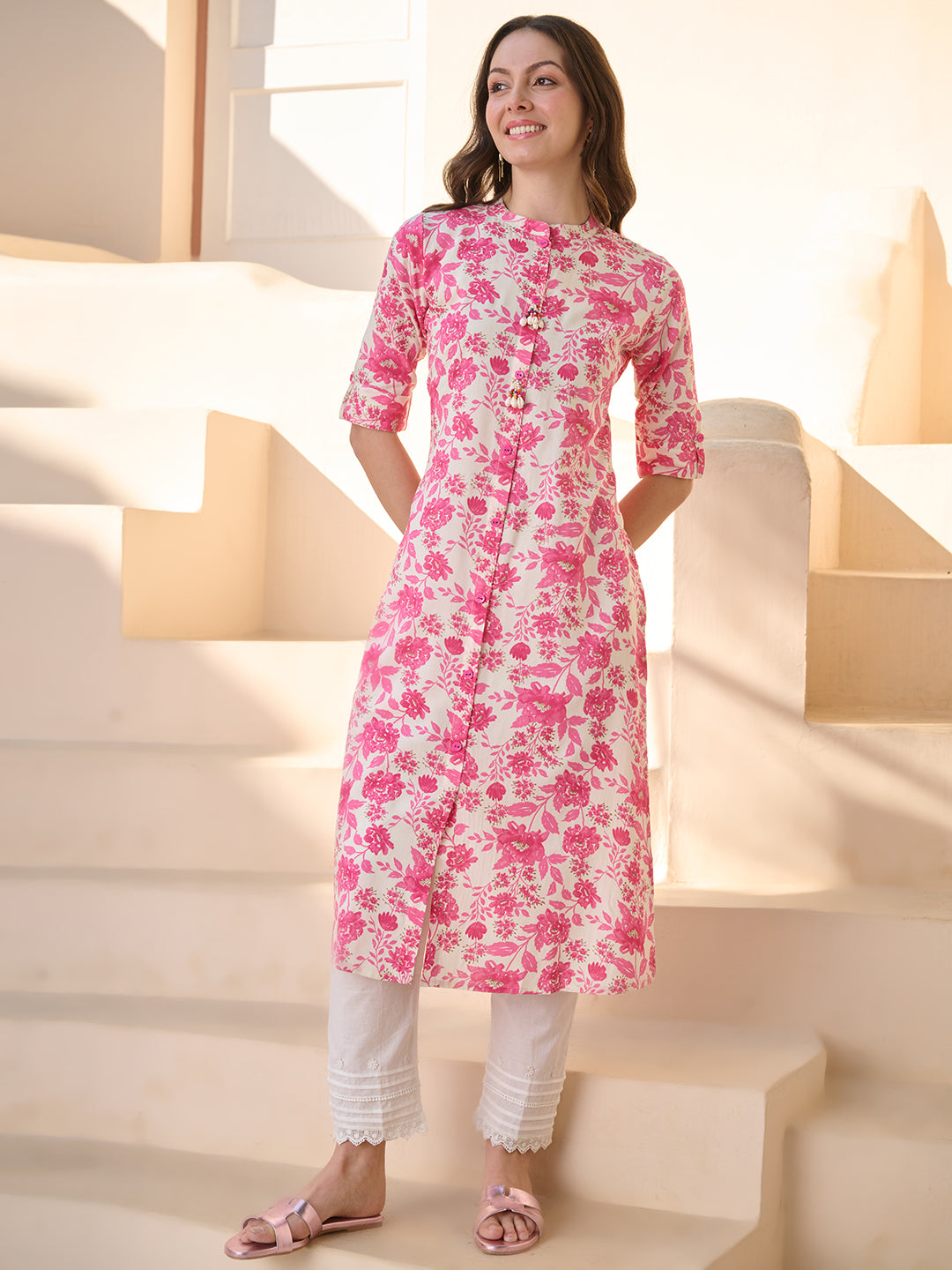 Stylum Women's Pink Floral Printed Rayon A- Line Kurta (PINKMETRI)