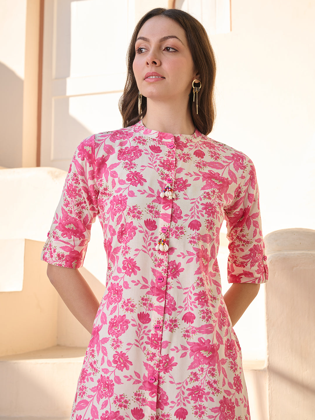 Stylum Women's Pink Floral Printed Rayon A- Line Kurta (PINKMETRI)