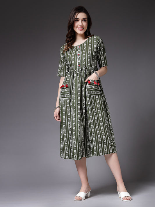 Stylum Women's Self Design Cotton Blend Maxi Dress (POPPYGREEN)