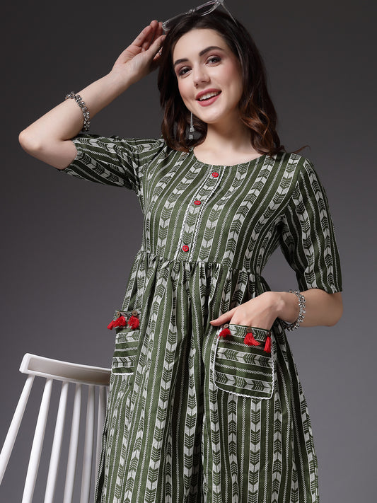 Stylum Women's Self Design Cotton Blend Maxi Dress (POPPYGREEN)
