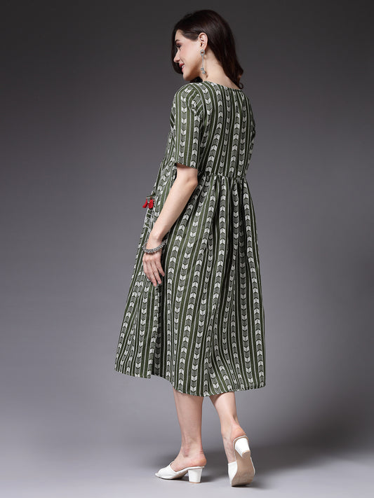 Stylum Women's Self Design Cotton Blend Maxi Dress (POPPYGREEN)