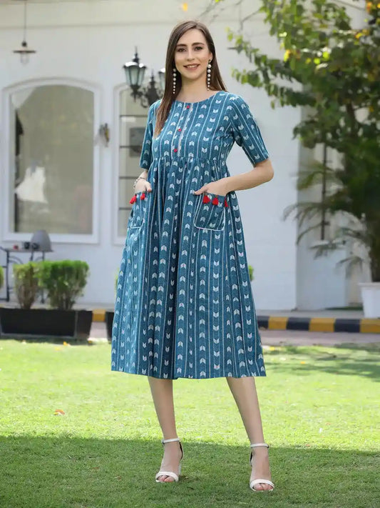 Stylum Women's Self Design Cotton Blend Maxi Dress  (POPPYTEAL)