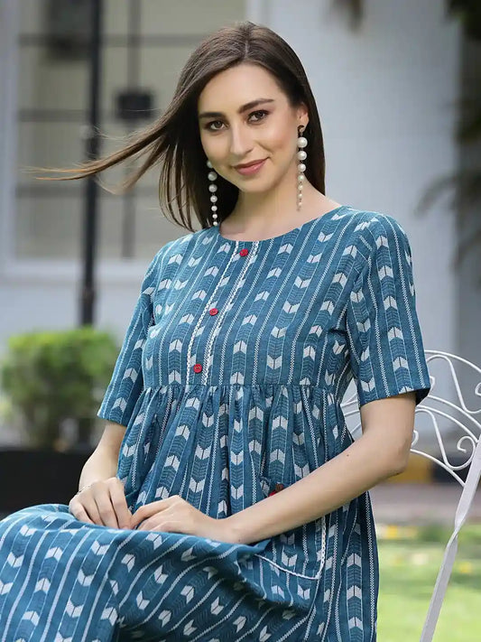 Stylum Women's Self Design Cotton Blend Maxi Dress  (POPPYTEAL)