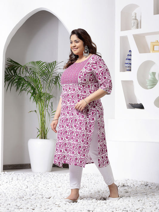 Plus Size Women's Purple Printed Cotton Slub Straight Kurta (PURPLEBIRDPLUS)