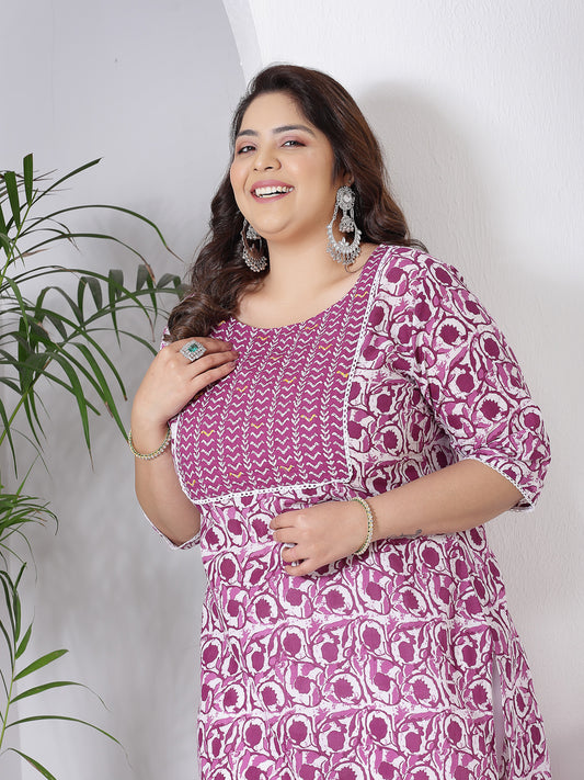 Plus Size Women's Purple Printed Cotton Slub Straight Kurta (PURPLEBIRDPLUS)