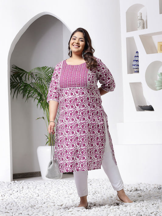 Plus Size Women's Purple Printed Cotton Slub Straight Kurta (PURPLEBIRDPLUS)