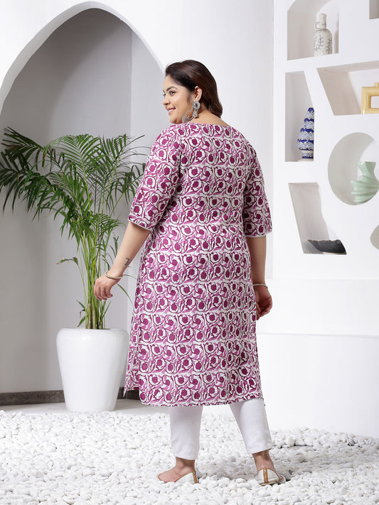 Plus Size Women's Purple Printed Cotton Slub Straight Kurta (PURPLEBIRDPLUS)