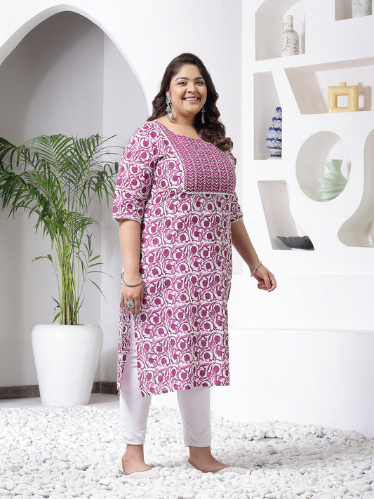 Plus Size Women's Purple Printed Cotton Slub Straight Kurta (PURPLEBIRDPLUS)
