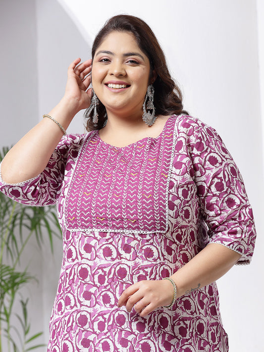 Plus Size Women's Purple Printed Cotton Slub Straight Kurta (PURPLEBIRDPLUS)