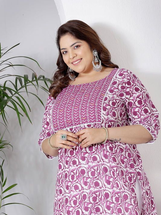Plus Size Women's Purple Printed Cotton Slub Straight Kurta (PURPLEBIRDPLUS)