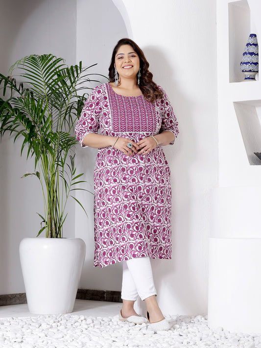 Plus Size Women's Purple Printed Cotton Slub Straight Kurta (PURPLEBIRDPLUS)