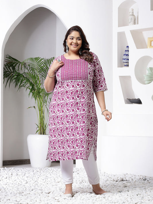 Plus Size Women's Purple Printed Cotton Slub Straight Kurta (PURPLEBIRDPLUS)