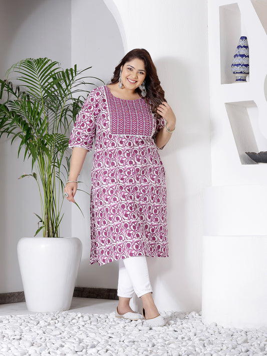 Plus Size Women's Purple Printed Cotton Slub Straight Kurta (PURPLEBIRDPLUS)
