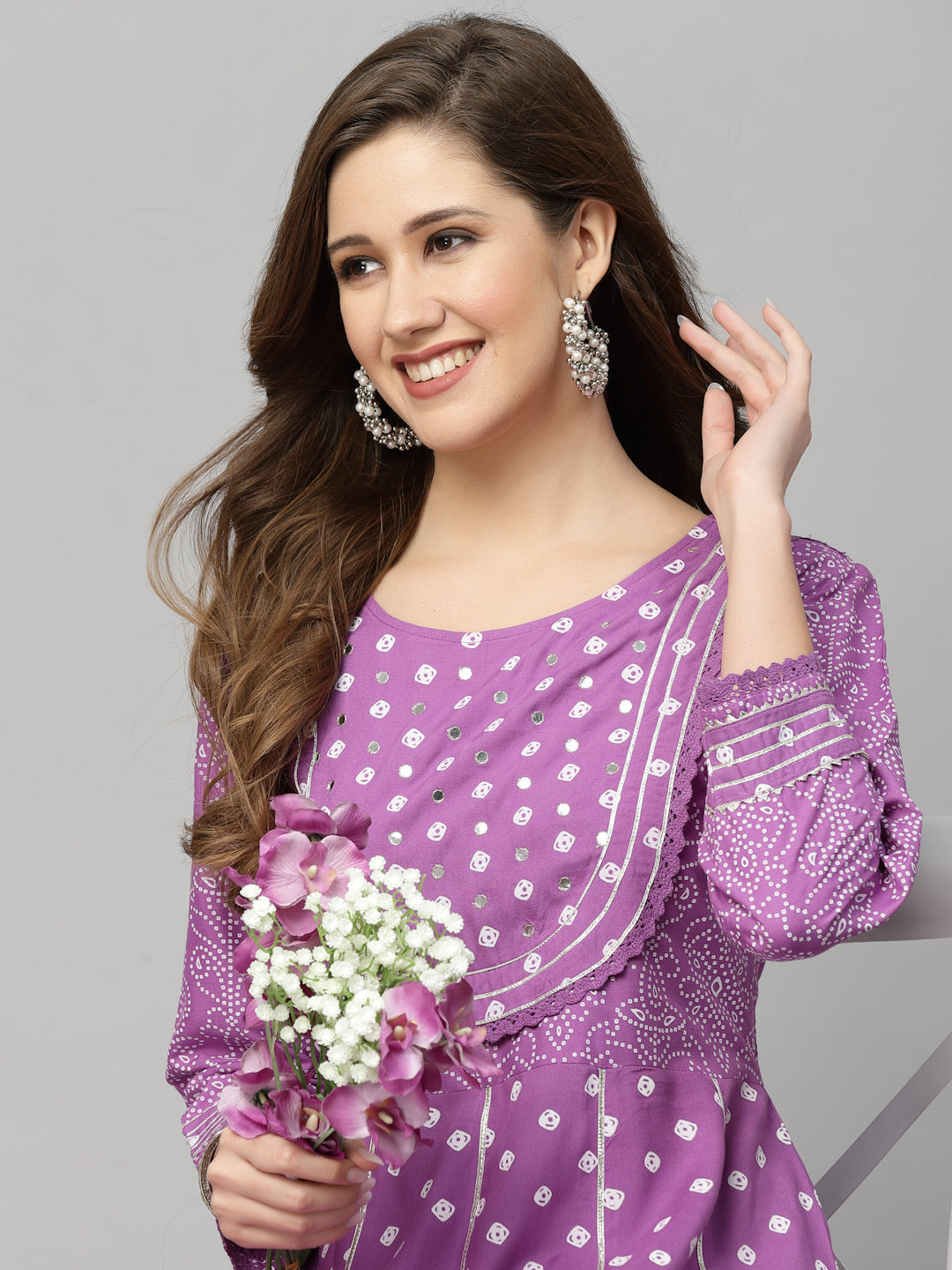 Stylum Women's Bandhani Printed & Embellished Rayon Anarkali Kurta (PURPLEGORI)