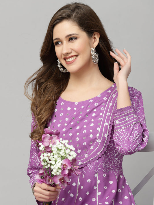 Stylum Women's Bandhani Printed & Embellished Rayon Anarkali Kurta (PURPLEGORI)