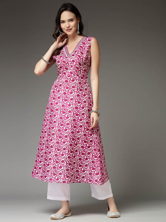 Stylum Women's Floral Printed Cotton Blend A-Line Kurta (PURPLEKYRA)