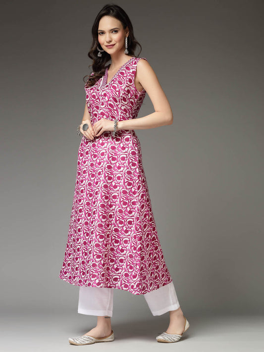 Floral Printed Cotton Blend A-Line Kurta