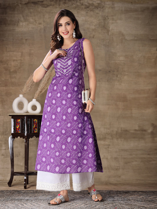 Stylum Women's Bandhej Printed Cotton Flared Kurta (PURPLESANVI)