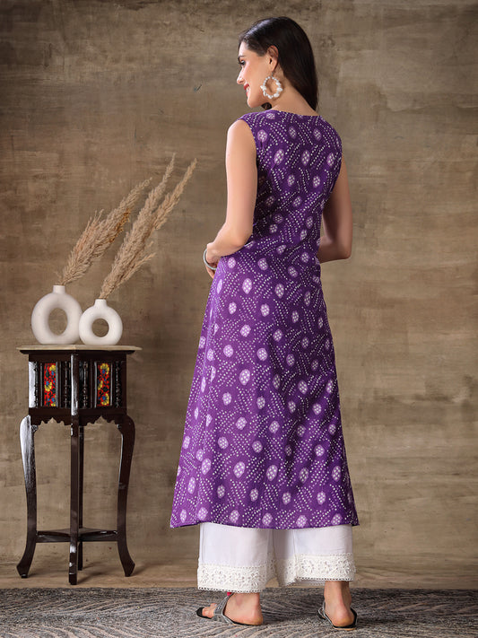 Stylum Women's Bandhej Printed Cotton Flared Kurta (PURPLESANVI)