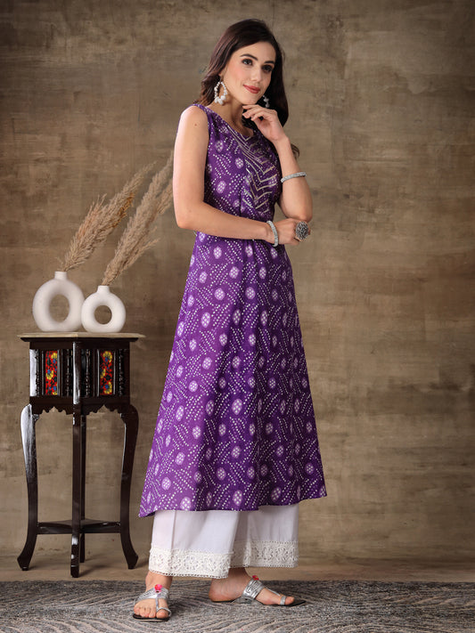 Stylum Women's Bandhej Printed Cotton Flared Kurta (PURPLESANVI)