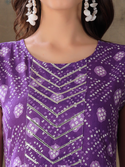 Stylum Women's Bandhej Printed Cotton Flared Kurta (PURPLESANVI)