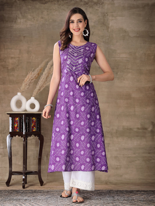 Stylum Women's Bandhej Printed Cotton Flared Kurta (PURPLESANVI)