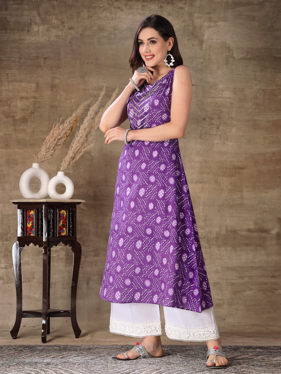 Stylum Women's Bandhej Printed Cotton Flared Kurta (PURPLESANVI)