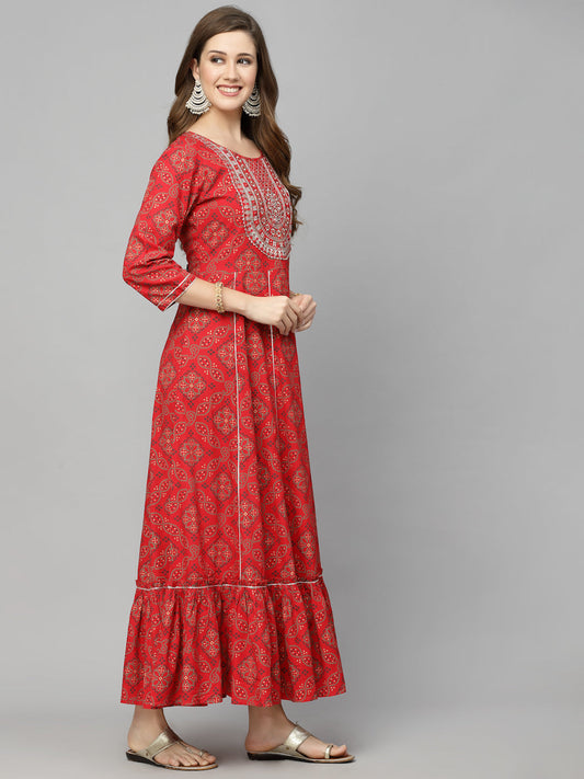Stylum Women's Bandhani Printed & Embroidered Rayon Anarkali Kurta (REDAMBER)