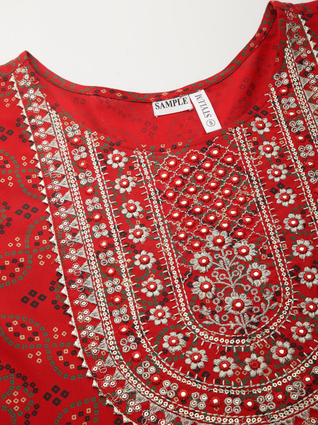 Stylum Women's Bandhani Printed & Embroidered Rayon Anarkali Kurta (REDAMBER)