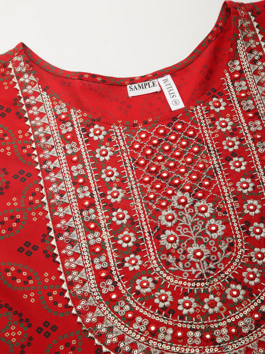 Stylum Women's Bandhani Printed & Embroidered Rayon Anarkali Kurta (REDAMBER)