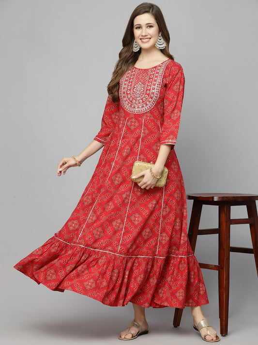 Stylum Women's Bandhani Printed & Embroidered Rayon Anarkali Kurta (REDAMBER)