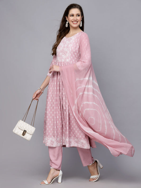 Stylum Women's Printed Rayon Naira Cut Kurta Pant Dupatta Set (ROSEIRANI)