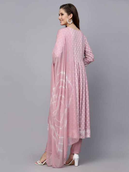 Stylum Women's Printed Rayon Naira Cut Kurta Pant Dupatta Set (ROSEIRANI)