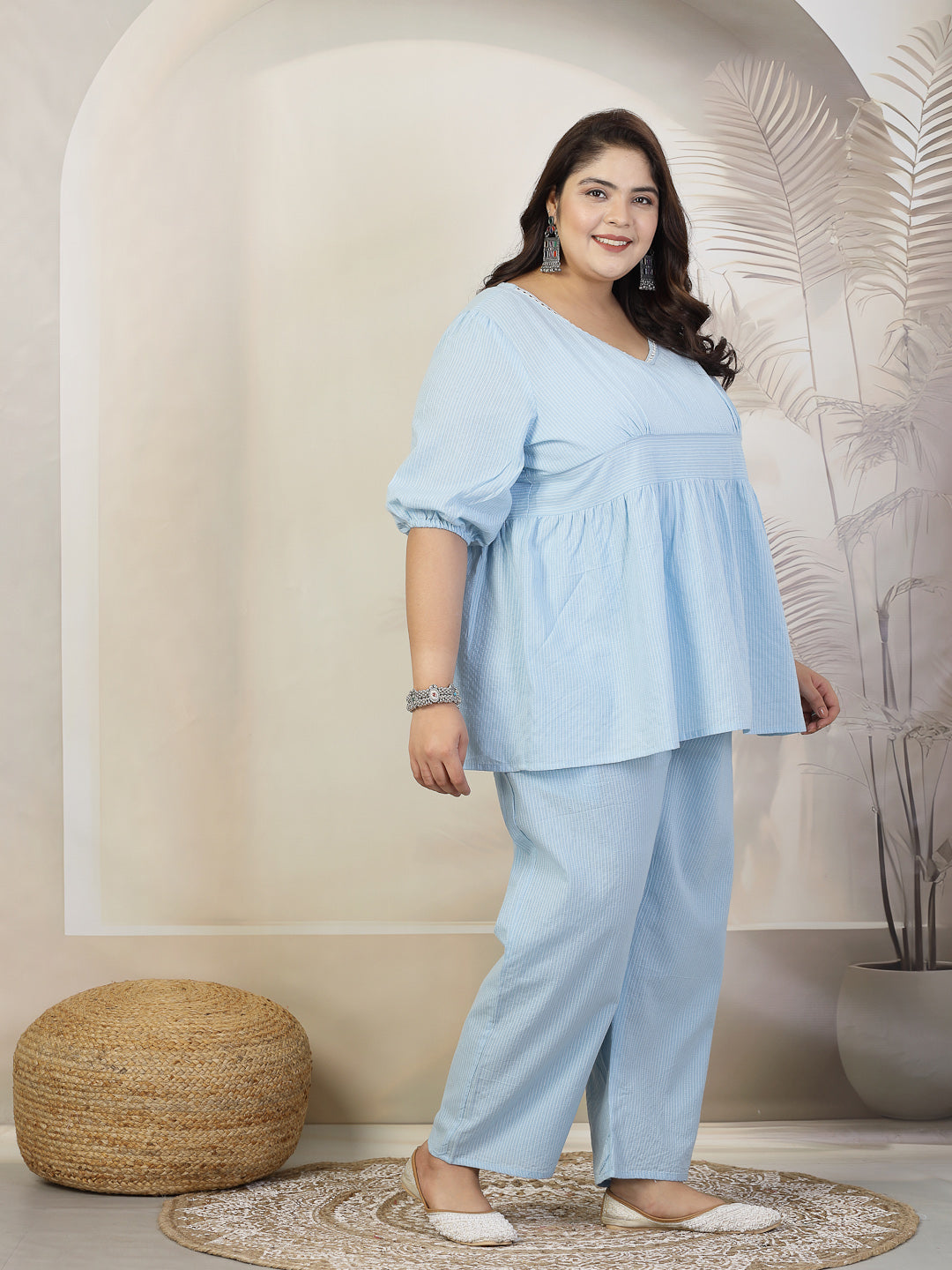 Stylum Plus Size Women Self Woven Kantha Cotton Co-Ord Set (SKYKATHACORDPLUS)