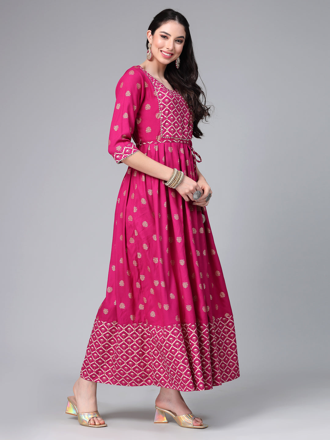 Stylum Women's Gold & Khari Printed Rayon Flared Kurta (SONYGEM)