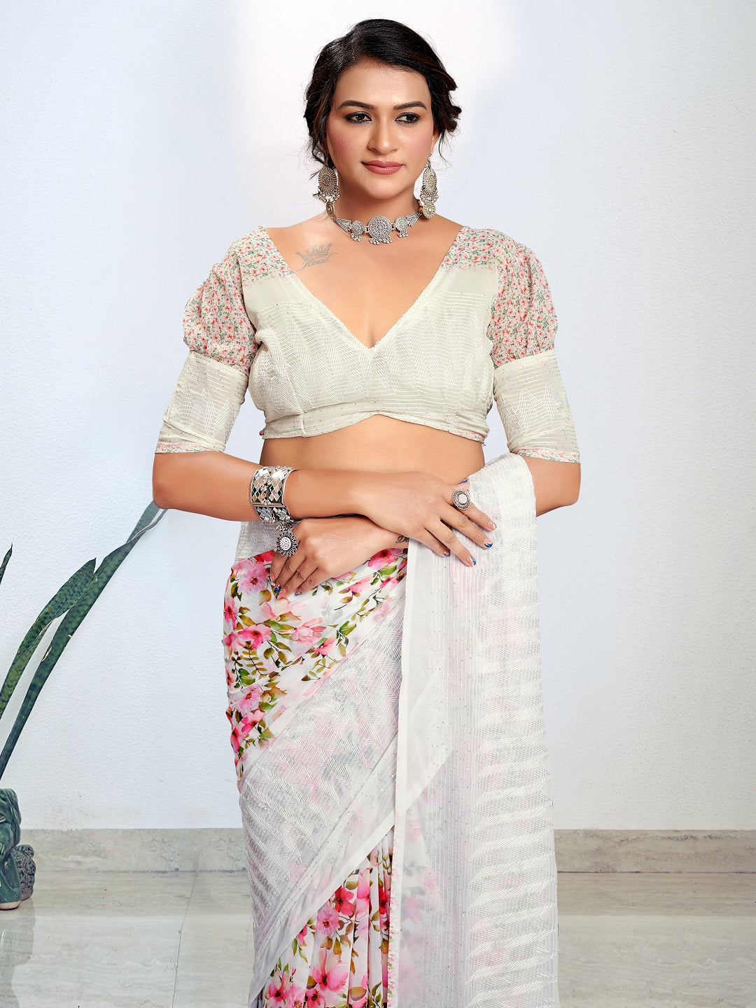 Stylum Women's White Digital Printed Embroidered Border Pestal Saree (SRALBELIWHITE)