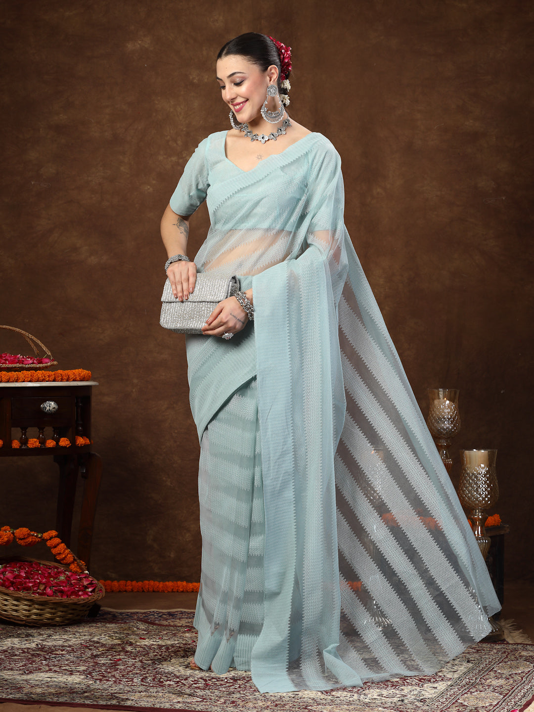 Stylum Women's Aqua Ethnic Striped Embroidered Net Saree (SRAQUAROBIN)