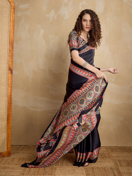 Stylum Women's Black Ajrakh Printed Silk Blend Saree With Unstitched Blouser Piece (SRBLACKSUHANI)