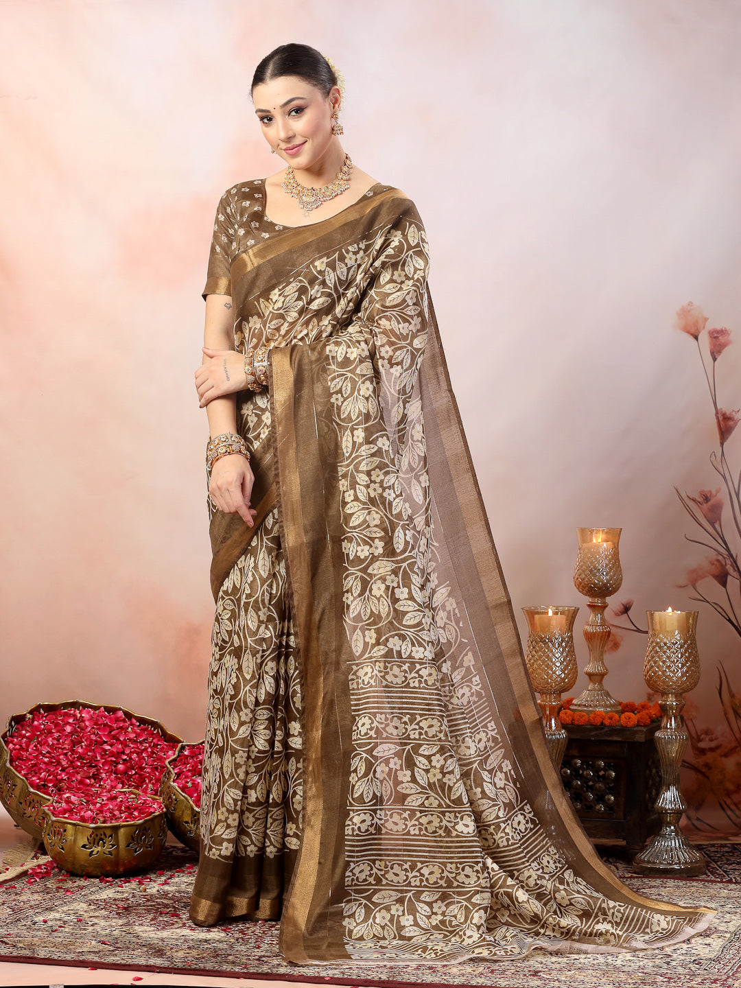Stylum Women's Brown Paisley Print Kankawati Silk Saree (SRBROWNHOPE)