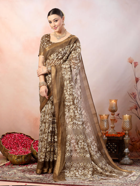 Stylum Women's Brown Paisley Print Kankawati Silk Saree (SRBROWNHOPE)