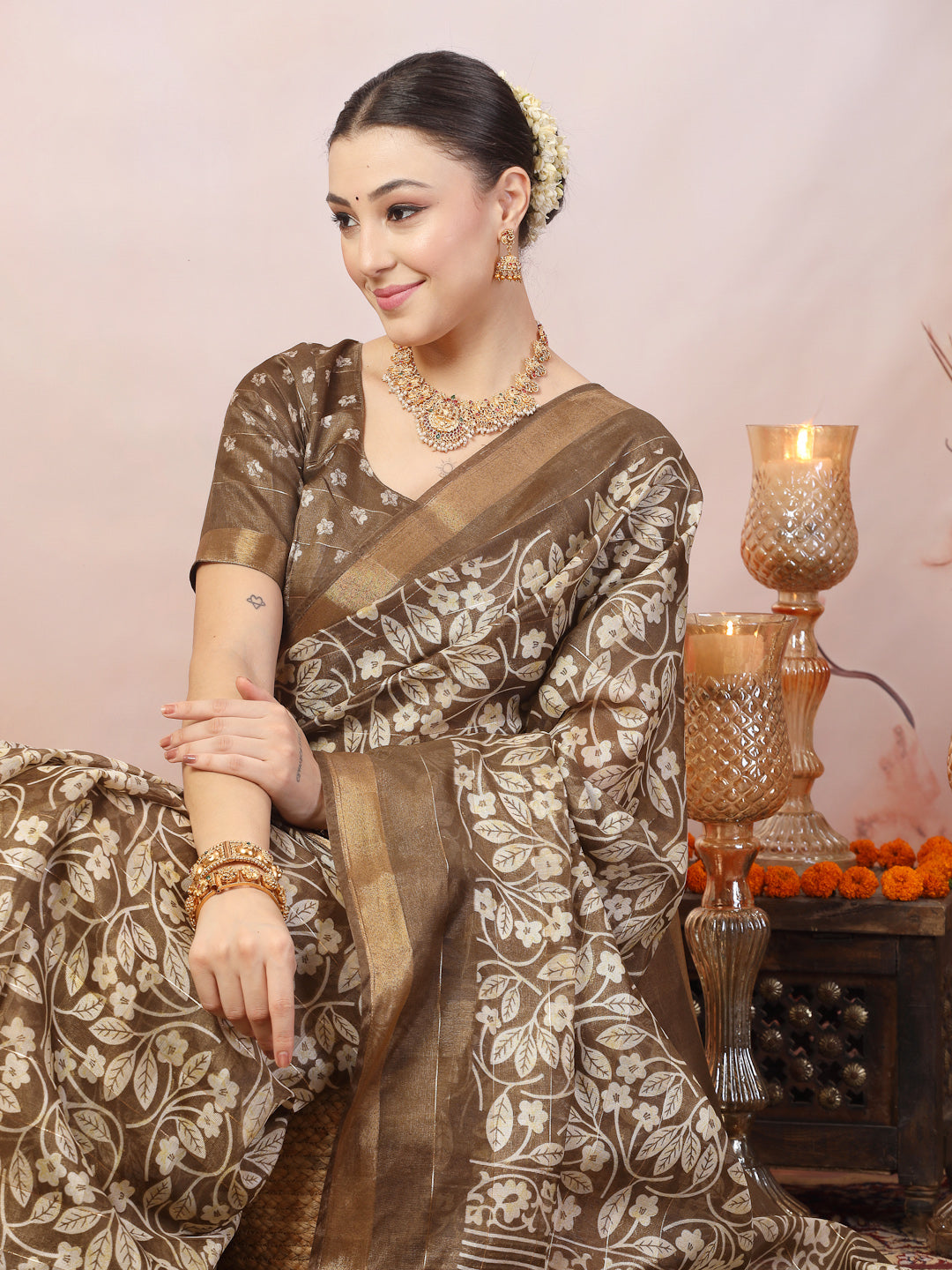 Stylum Women's Brown Paisley Print Kankawati Silk Saree (SRBROWNHOPE)