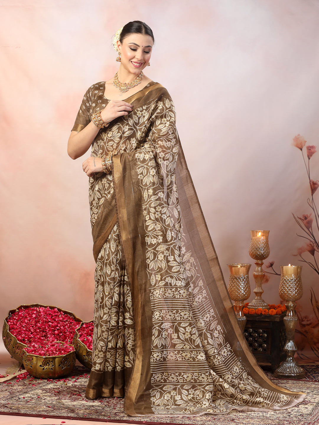 Stylum Women's Brown Paisley Print Kankawati Silk Saree (SRBROWNHOPE)