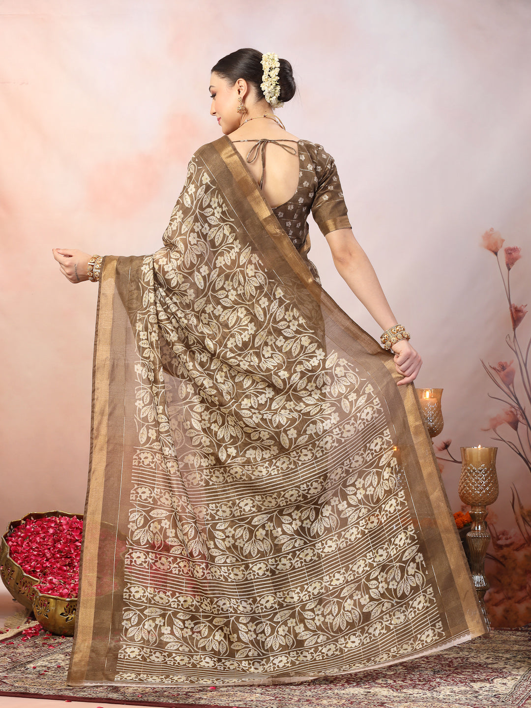 Stylum Women's Brown Paisley Print Kankawati Silk Saree (SRBROWNHOPE)