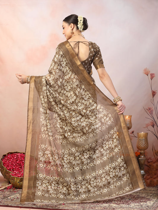 Stylum Women's Brown Paisley Print Kankawati Silk Saree (SRBROWNHOPE)